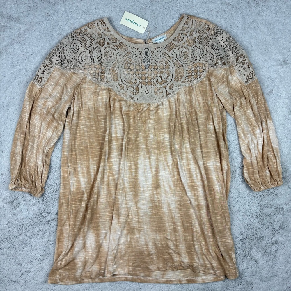 NEW Sundance Lace Crochet Top Tie Dye 3/4 Sleeve Boho Artsy Spring Womens M‎